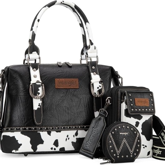 Wrangler 3Pcs Set Buckle Classic Barrel Satchel With Phone Wallet Crossbody Cow - Picture 4 of 6